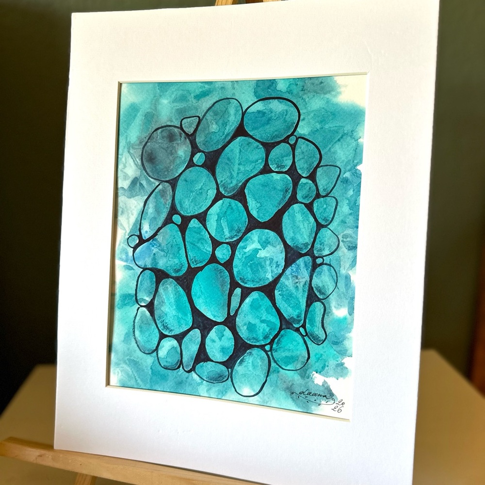 Hand-Made New Watercolor Art Blue Pebbles - Picture 4 of 5